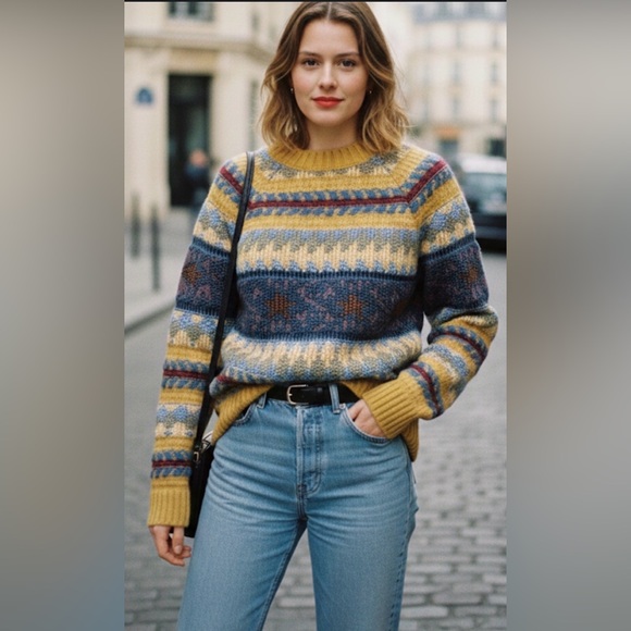 Acne Studios $470 Wool alpaca Yellow Multi-Stripe Jacquard Knit Crewneck Sweater - Picture 5 of 16